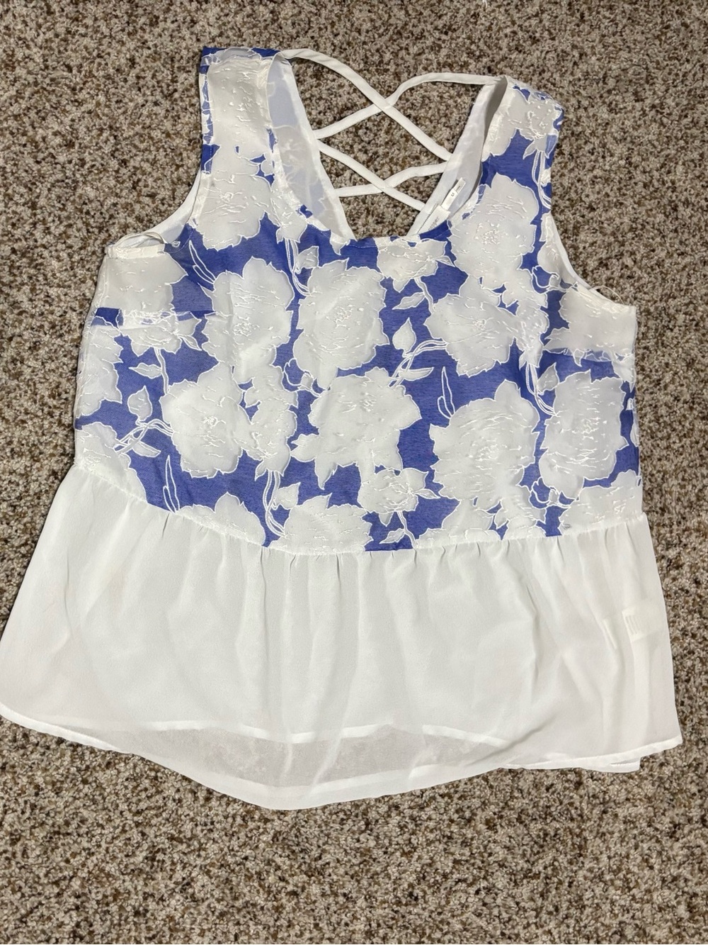 Blu Pepper White Lace Floral Tank with Blue Base & Crisscross Back